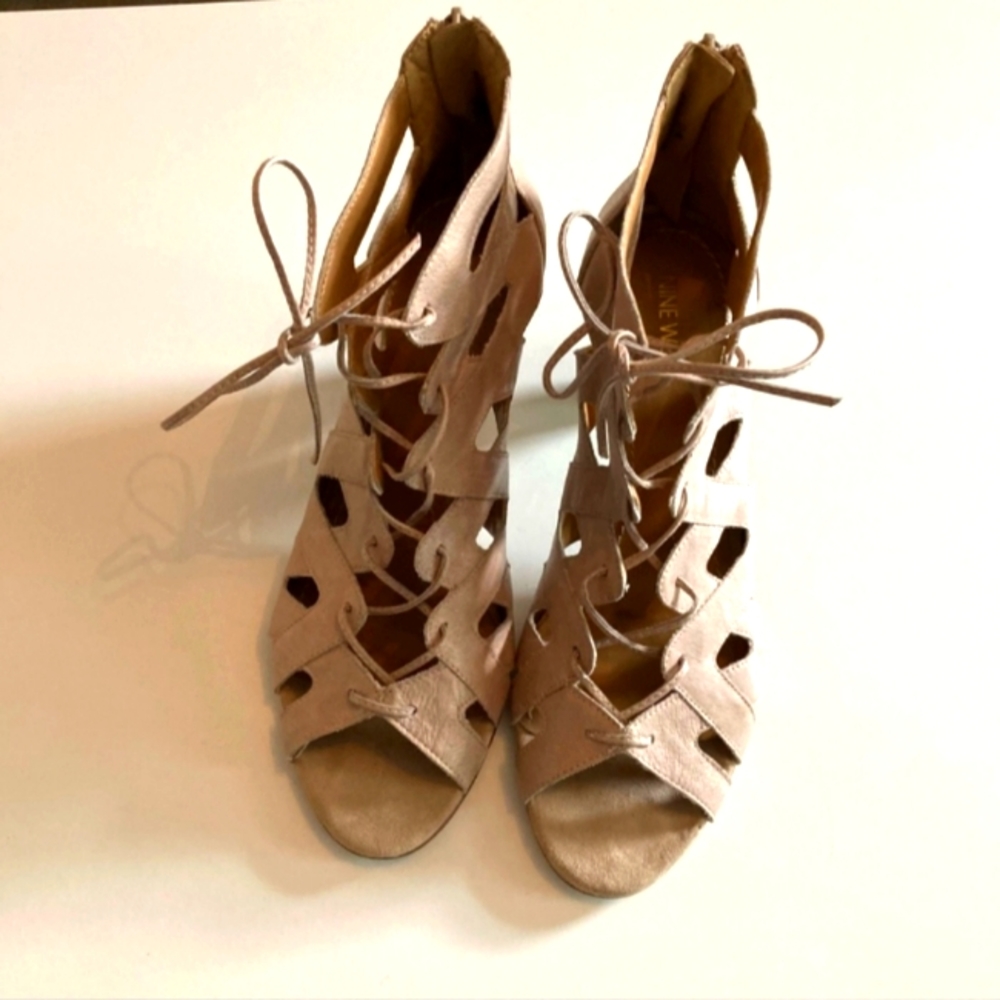 Nine West Leather Beige Lace-Up Sandals